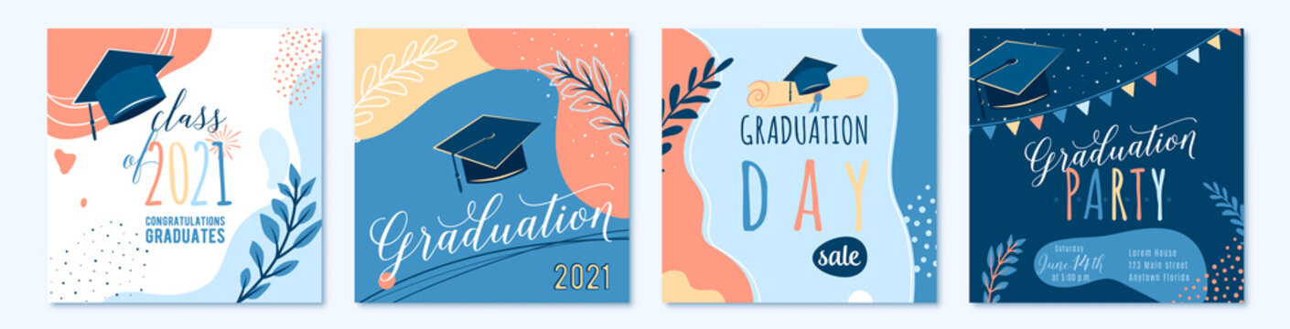 Graduate 2021 vector backgrounds, sale offer banner, greeting cards, party poster. Trendy design congratulation graduation with diploma, cap, plant, dot, organic shape. Modern art in minimalist style