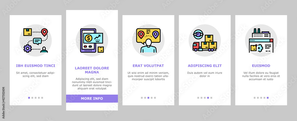 Poster supply chain management system onboarding mobile app page screen vector. optimization of supply chai