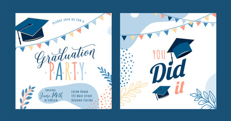 Graduation party vector background, light invite card template. You did it text quote. Graduate design with cap, flags, plants, dots, organic shapes. Modern art minimalist style. Back and front side