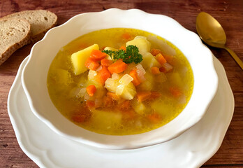 Healthy vegetarian vegetable soup with potatoes, carrots, celery and parsley.