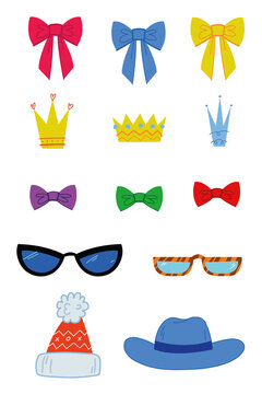 Set of princess crowns, hat, glasses, heart, bow, ribbon, decoration isolated on white. Vector illustration clipart
