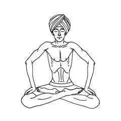 sitting young yogi in lotus position does belly vacuum and muscle wave, vector illustration with black ink contour lines isolated on a white background in cartoon and hand drawn style