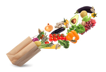 Paper bag with vegetables and fruits on white background. Vegetarian food