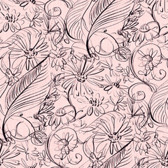 Seamless pattern with pencil drawing of flowers