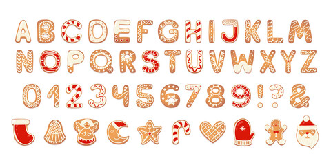 Christmas gingerbread cookies alphabet with figures. Biscuit letters, characters for xmas messages and design. Vector illustration with decorations.