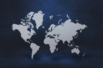 World map on black wall background. 3D illustration