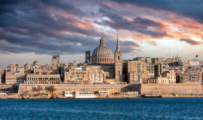 Valletta, Malta, Skyline, the dome of the Carmelite Church and the tower of St Paul`s - obrazy, fototapety, plakaty