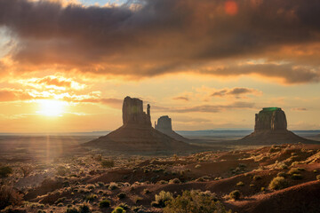 Landscape of Monument valley at sunset. Navajo tribal park, USA.