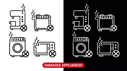 Vector image. Different icons of broken home appliances