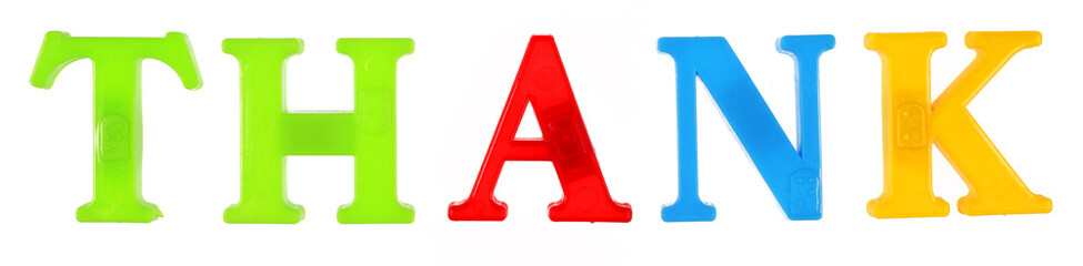 The word thenk is lined with multi-colored plastic letters, white background, isolate.