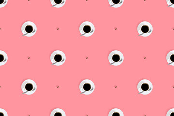 Cup of coffee seamless pattern. White cups with coffee on a bright colored background.