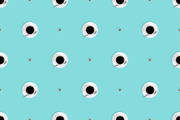 Cup of coffee seamless pattern. White cups with coffee on a bright colored background.