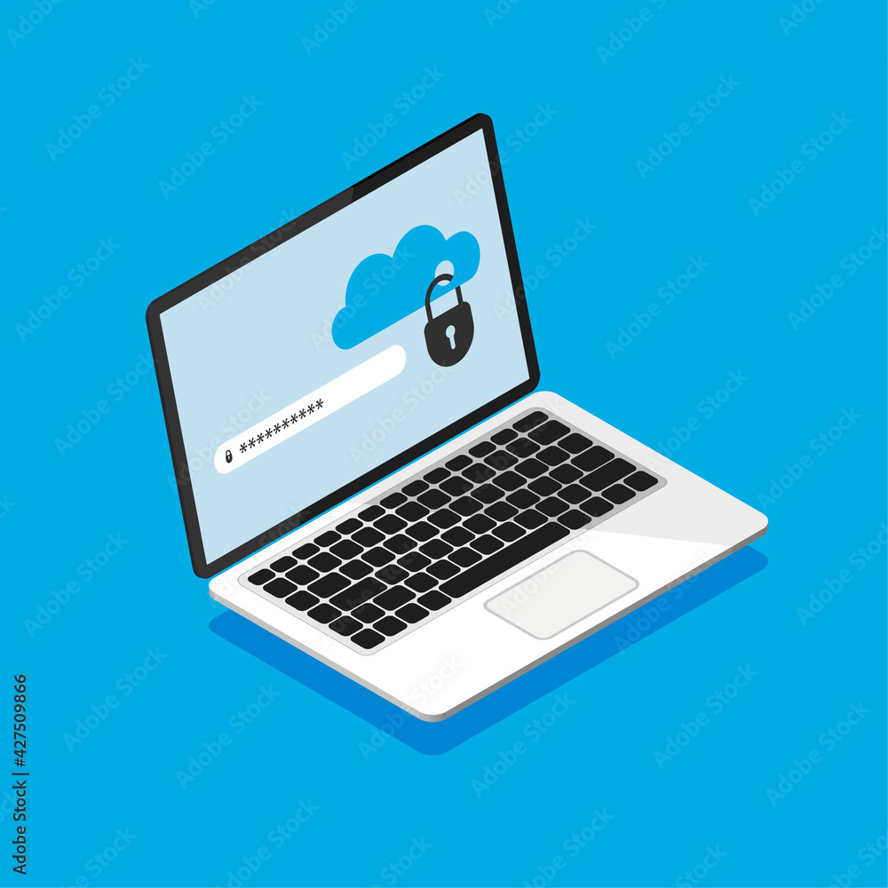 Aufkleber isometric laptop with locked cloud storage on screen. file protection. enters password. data securit