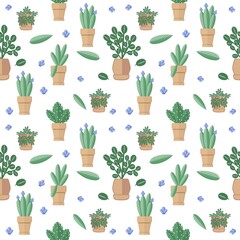 A repeating pattern of houseplants and flowers on a white background for printing