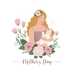Mother's Day greeting card. Vector illustration of caucasian blonde hair cartoon young woman with a baby in her arms, surrounded by flowers. Isolated on white.