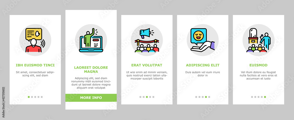 Poster introduction speech onboarding mobile app page screen vector. new product and business case presenta