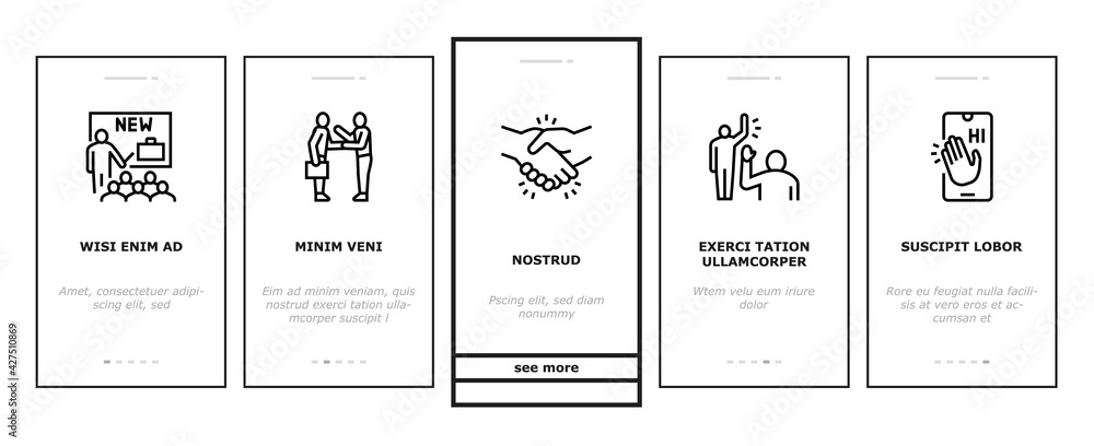 Poster introduction speech onboarding mobile app page screen vector. new product and business case presenta