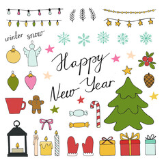set of christmas elements new year vector illustration and lettering