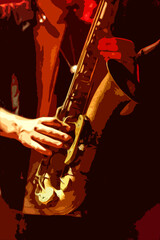 Musique live - Gros plan sur les mains et le saxophone t&eacute;nor d'un saxophoniste pendant un concert blues rock