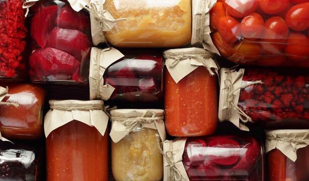 Assortment Of Canned Vegetables And Fruits- Food In Plastic Free Jars On Wooden Rustic Table, Flat Lay, From Above Overhead Top View, Canned Produce, Saving Leftovers Food Storage Organization Concept