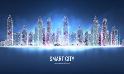 Futuristic smart city vector illustration isolated on blue background, concept of technological innovative metropolis. Skyscrapers in frame polygonal style at night in the clouds © Lagunova