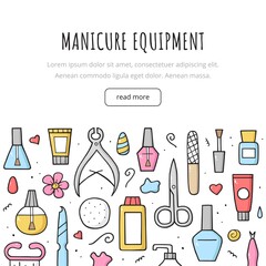 Hand drawn template with manicure equipment. Doodle sketch. Vector illustration for banner, frame, landing page, website.