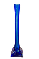 Thin tall blue glass vase for flowers isolated on white background.