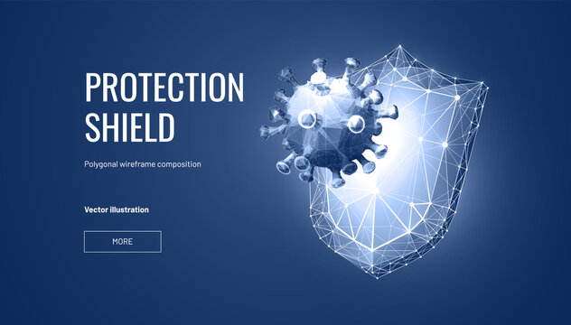 Shield virus protection in futuristic style for landing page. Digital cyber shield protects immunity from viruses
