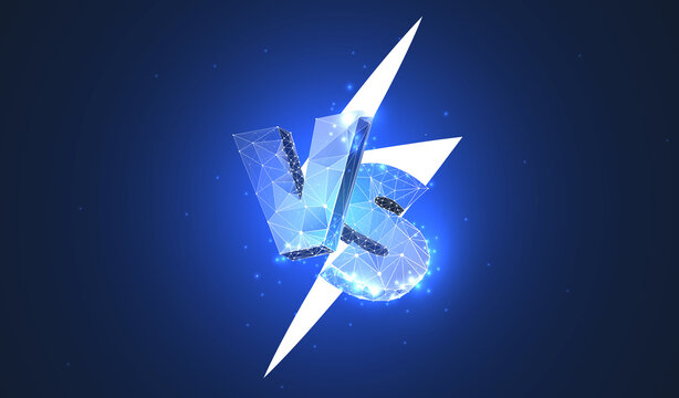 VS letters. Low poly wireframe style. Banner concept for contests, fights, battle, game. Polygonal abstract isolated on blue background. Particles are connected in a geometric silhouette. Vector