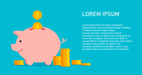 Stacked gold coins and piggy bank in a trendy flat style. Saving money or opening a bank deposit. Vector illustration with place for text on blue background.