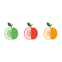 set of apple icons red yellow green half and whole flat illustration