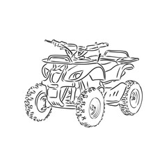 Hand drawn sketch of quad bike in black isolated on white background. Detailed vintage etching style drawing. atv vector sketch on white background © Elala 9161