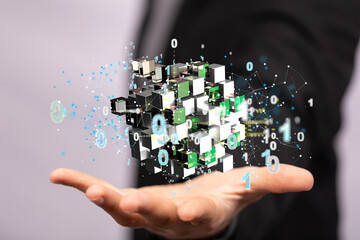 Augmented Analytics Data cloud storage network from lines, triangles and particle style design. Illustration