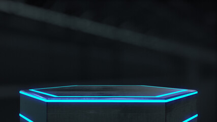 Metal pedestals with light glow for product show in warehouse. 3d rendering.