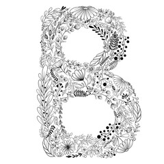 creative alphabet letter b children's education with doodle flowers line art leaves berries for decor coloring books