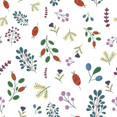Fototapeta premium beautiful seamless pattern with wildflowers berries and branches drawn with colored pencils