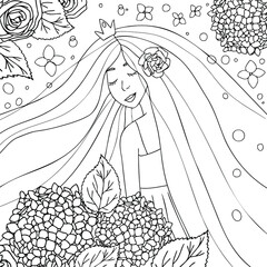 Vector anti stress coloring book with a girl in colors. Fairy princess girl has long hair. The woman is surrounded by flowers of roses and gartens. Coloring book for adults.