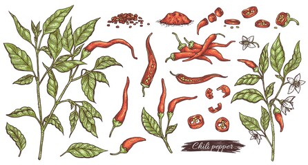 Chili pepper botanical hand drawn set, engraving vector illustration isolated. - obrazy, fototapety, plakaty