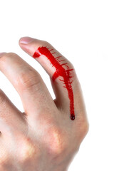 wounded finger with blood dripping on hand isolated on white background, copy space