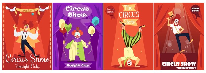 Circus show invitation posters collection with clowns flat vector illustration. © sabelskaya
