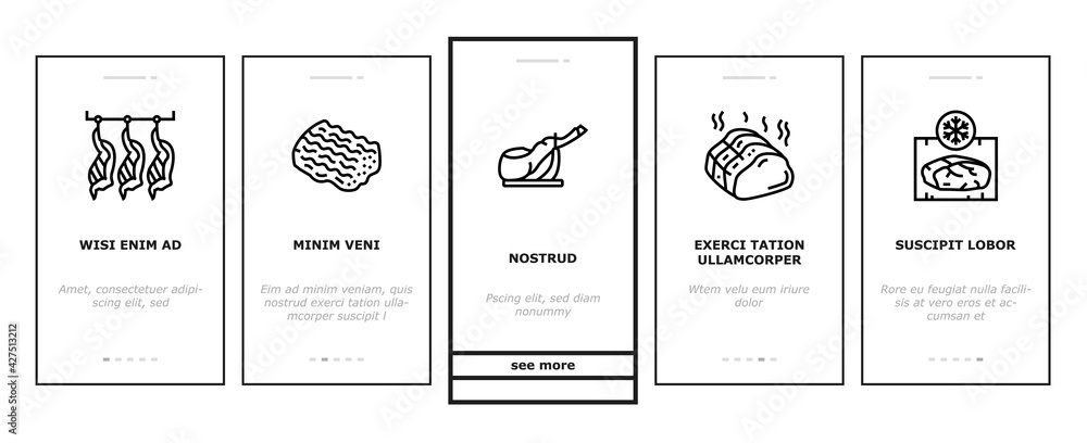 Poster meat factory product onboarding mobile app page screen vector. beef and pork, chicken and rabbit mea