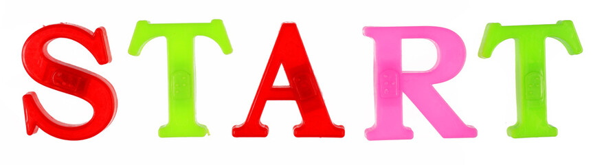 The word start is lined with multi-colored plastic letters, white background, isolate.