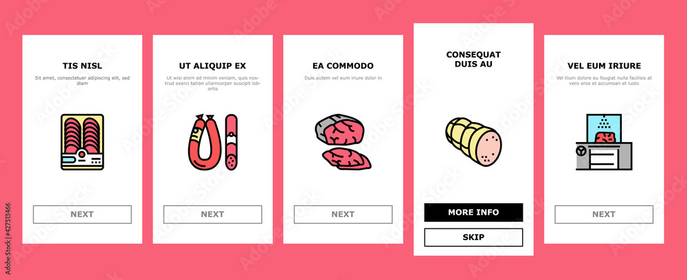 Poster meat factory product onboarding mobile app page screen vector. beef and pork, chicken and rabbit mea