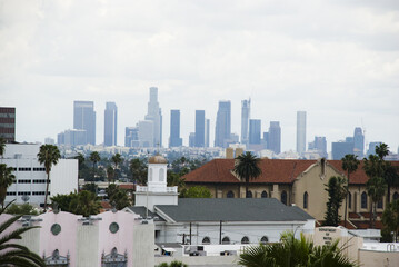 Hazy view to skyline of Downtown Los Angeles, California