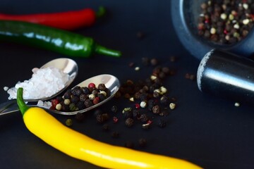 coarse salt and peppercorns, and chili pods on a black background