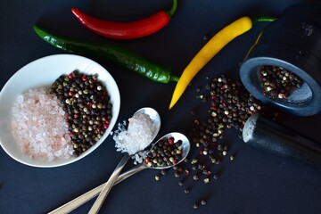 coarse salt and peppercorns, and chili pods on a black background