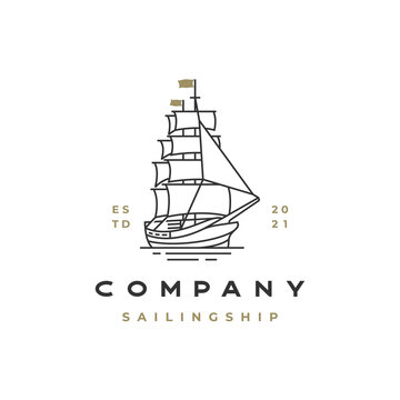 Vintage Retro Line art Sailing Ship Logo Design