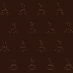 Pattern with continuous cup of coffee outline minimalistic vector illustration on brown background