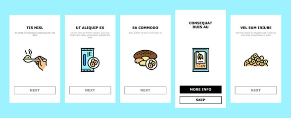 Oatmeal Nutrition Onboarding Mobile App Page Screen Vector. Oat And Flour Bag, Cookies And Milk, Bar And Oatmeal Porridge, Boiling And Cooked Breakfast Illustrations