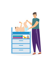 Father character changing baby diaper, flat vector illustration isolated.